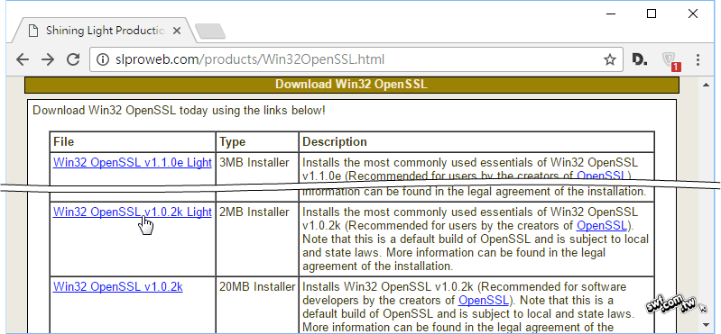 下載32位元版本的OpenSSL安裝程式