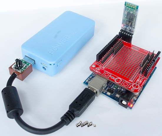 採用行動電源供電，藍牙上傳Arduino程式的模組。