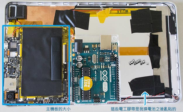 iWork 8主機板跟Arduino控制板的尺寸對比