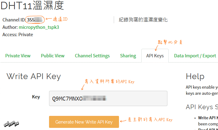 Channel ID（通道ID）和Write API Key（寫入資料的API碼）