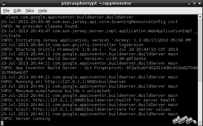 在Raspberry Pi成功啟動App Inventor Server的訊息畫面