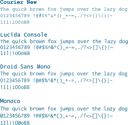 Courier New, Lucida Console, Droid Sans Mono和Monaco字體示範