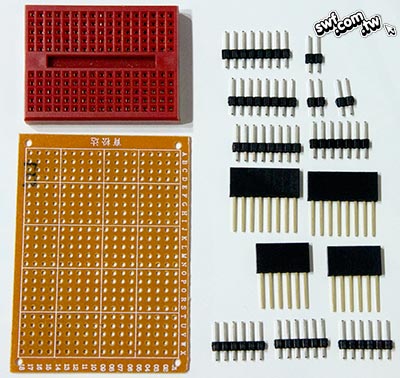 小麵包板、長腳單排座、單排排針和萬用PCB板（洞洞板）