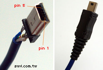 焊接了一個電阻的Mini USB接頭內部，以及完成品外觀。